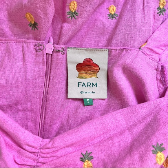 Farm Rio Pink Embroidered Pineapples Puff Sleeve Midi Linen Blend Dress, Size S - Picture 6 of 8